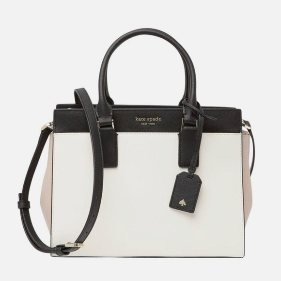 kate spade Handbags - Kate Spade Cameron Medium Satchel Shoulder Tote Bag White Beige Black Leather